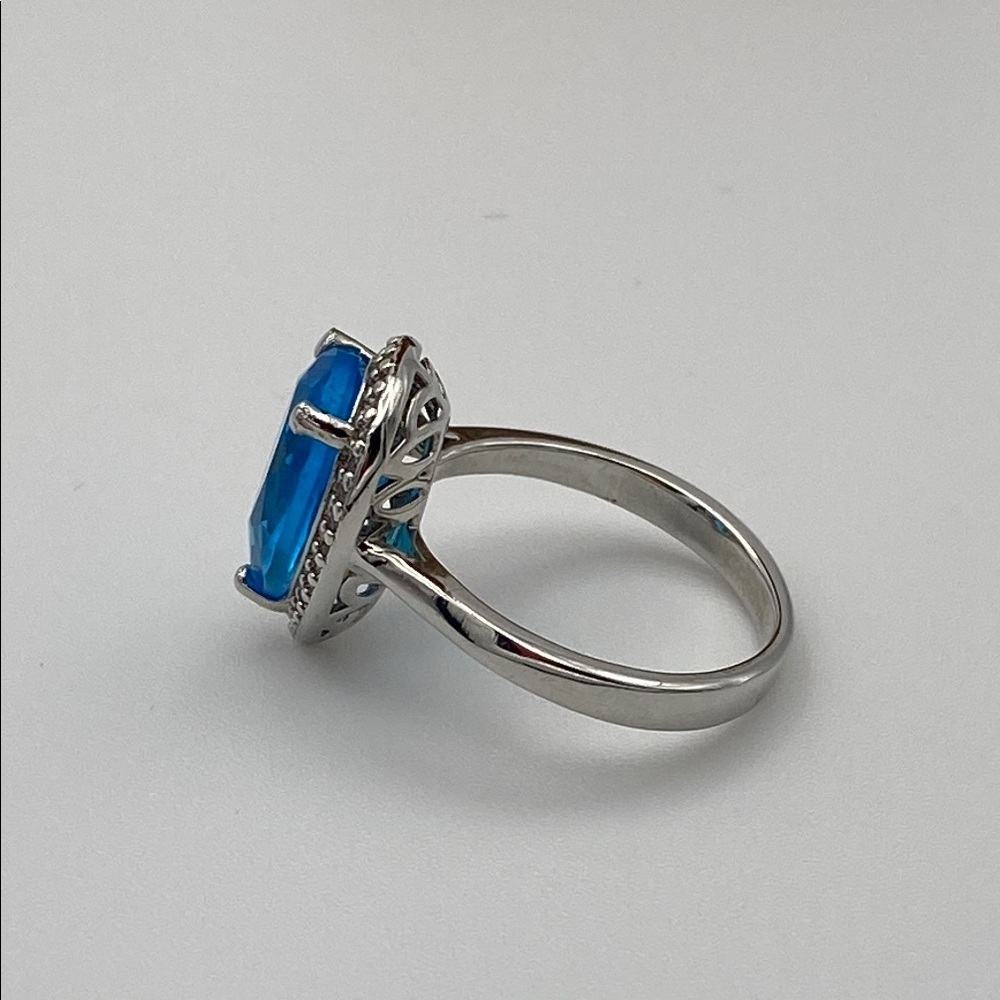 Teardrop Blue Gemstone Cocktail Ring with Crystal Halo • Silver Tone - Picture 11 of 12